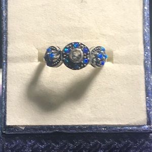 White topaz with blue opals art deco silver ring